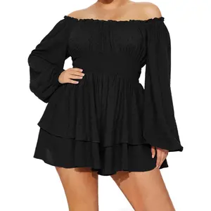 Jumpsuits For Women,Women Plus Size Rompers Playsuits Swiss Dot Boat Neck Off Shoulder Long Sleeve Spring Fall Short Jumpsuits Streetwear