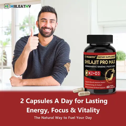 HIILEATHY Shilajit Pro Max with K2+D3 Fulvic Acid & Electrolytes - 60 Capsules for Energy Muscle Recovery & Joint Support Made in USA