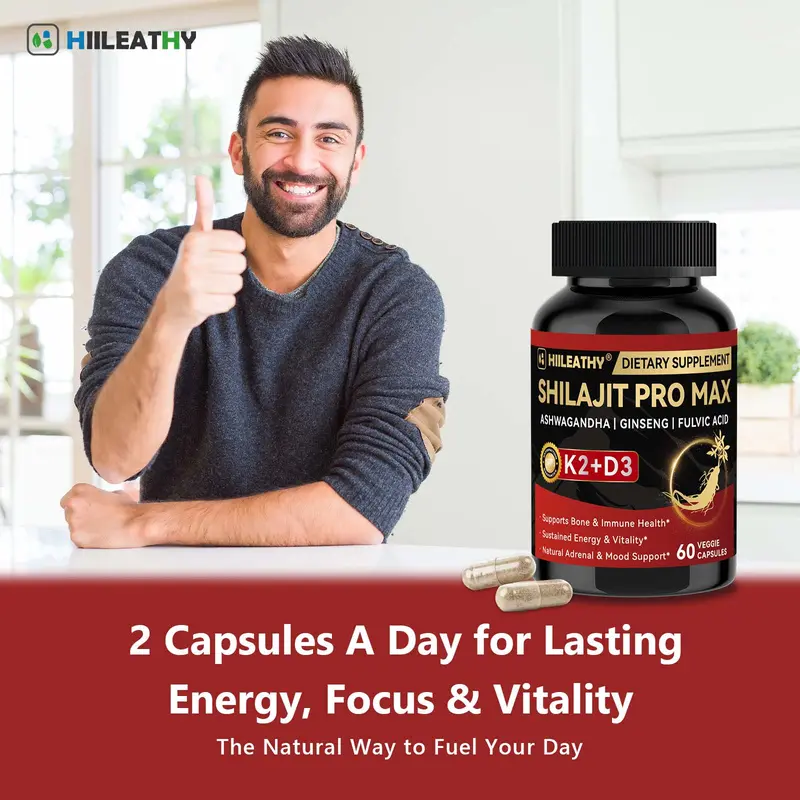 HIILEATHY Shilajit Pro Max with K2+D3 Fulvic Acid & Electrolytes - 60 Capsules for Energy Muscle Recovery & Joint Support Made in USA