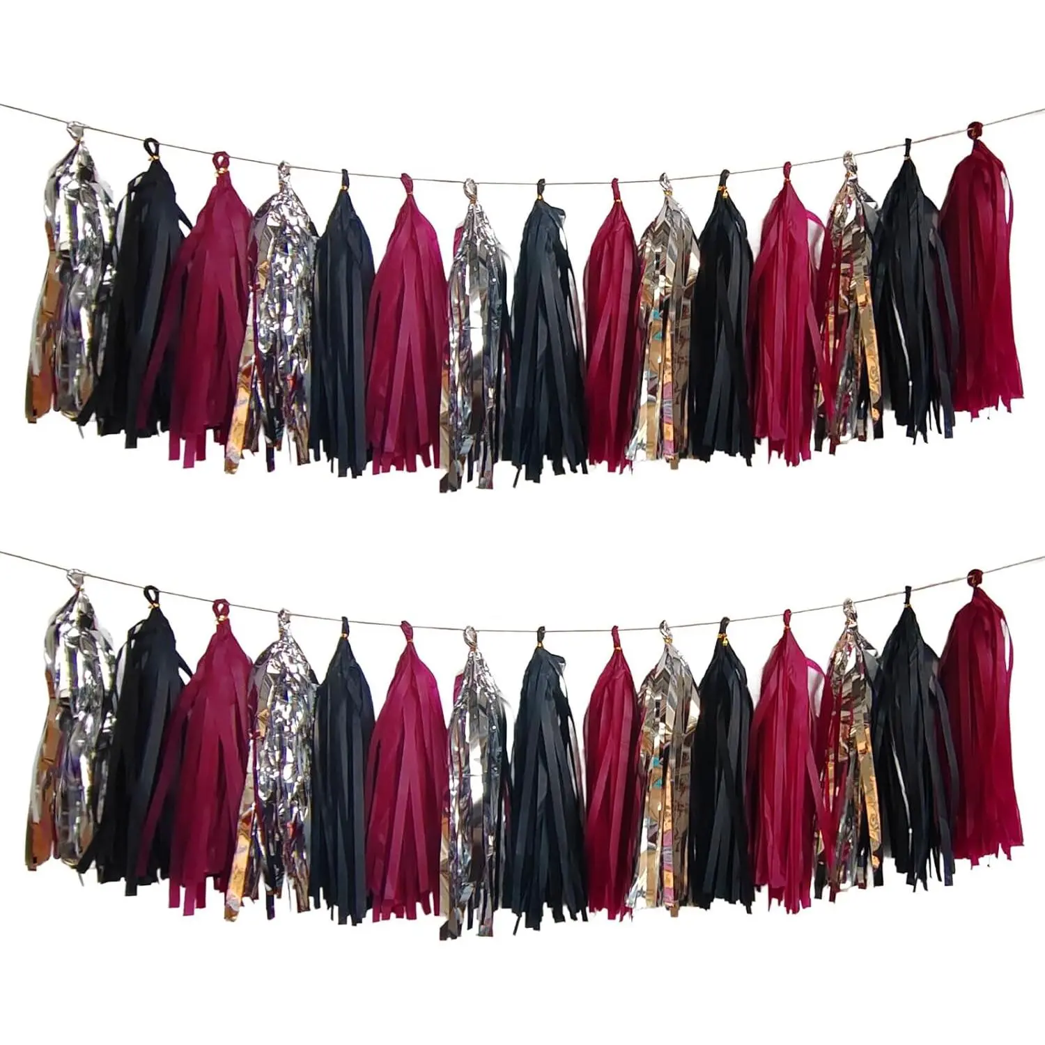 Tassel Garland Tissue Paper Tassel Banner,Tassels Party Decorations for Wedding,Birthday,Bridal/ Shower,Pack of 15 (Burgundy/Black/)