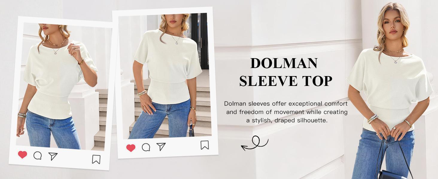 Imily Bela Womens Boat Neck Summer Tops Batwing Dolman Short Sleeve Trendy Ribbed Knit Cinched Waist Knit Sweater Top
