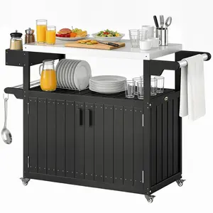 Outdoor Bar Cart with Storage, Stainless Steel Outdoor Bar Table Top, Wheeled HDPE Kitchen Island for Food Prep, Black