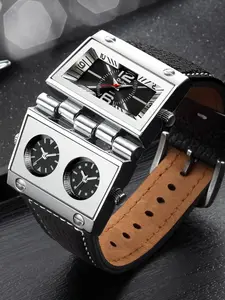 Men's Gothic Punk Style Foldable Triple Time Zone Leather Watch, Buckle Closure, Quartz Movement, Silver Color Dial, Ideal for Casual Wear