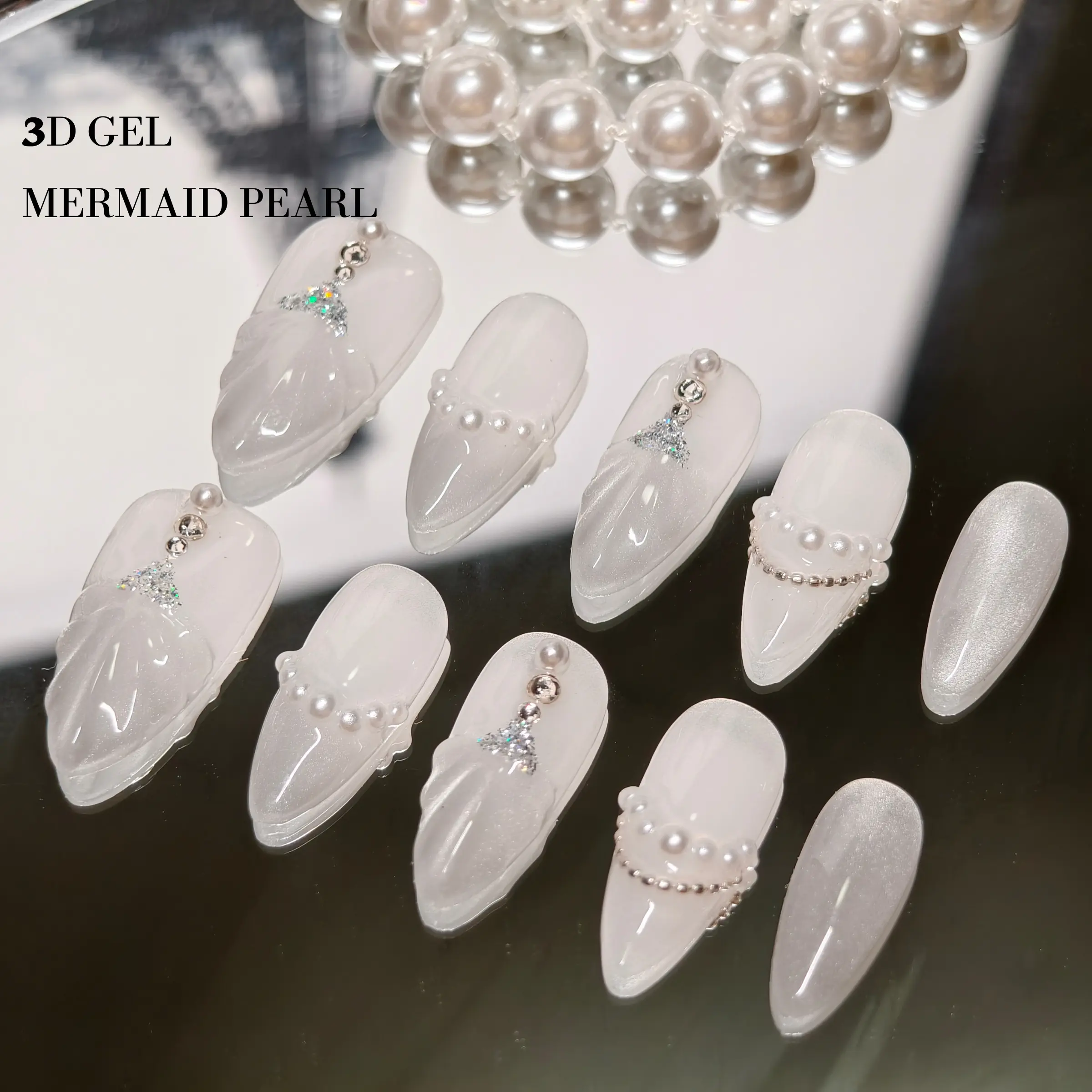 Vosplends 10PCS Handmade Mermaid Pearl White nails, wedding nails, cat eyes nails, 25mm short nails, vacation nail, bridal nail, wedding dresspress on. nail