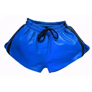 Men Blue Real Leather Shorts w/ Elastic Band