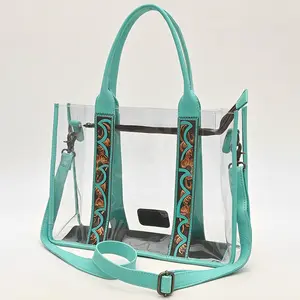 American Darling Clear Stadium Tote Bag with Hand Tooled Genuine Leather Trim | Floral Carved Straps & Top YKK Zipper Closure