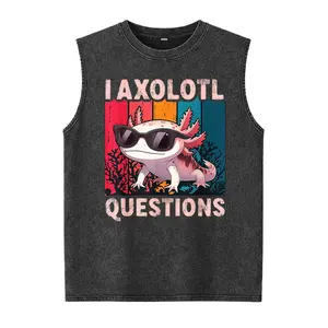 Menswear Retro "I Axolotl Questions" Graphic Washed Vest - Sleeveless, Round Neck, Smooth Seamless Cotton Soft Stretch Fabric, Bold Colorful Design, Casual Summer Vest for Men-Women