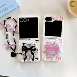 3D Black Pink Bow Stand Magnetic Phone Case For Samsung Galaxy Z Flip 7 6 5 4 3 Cover With Chain