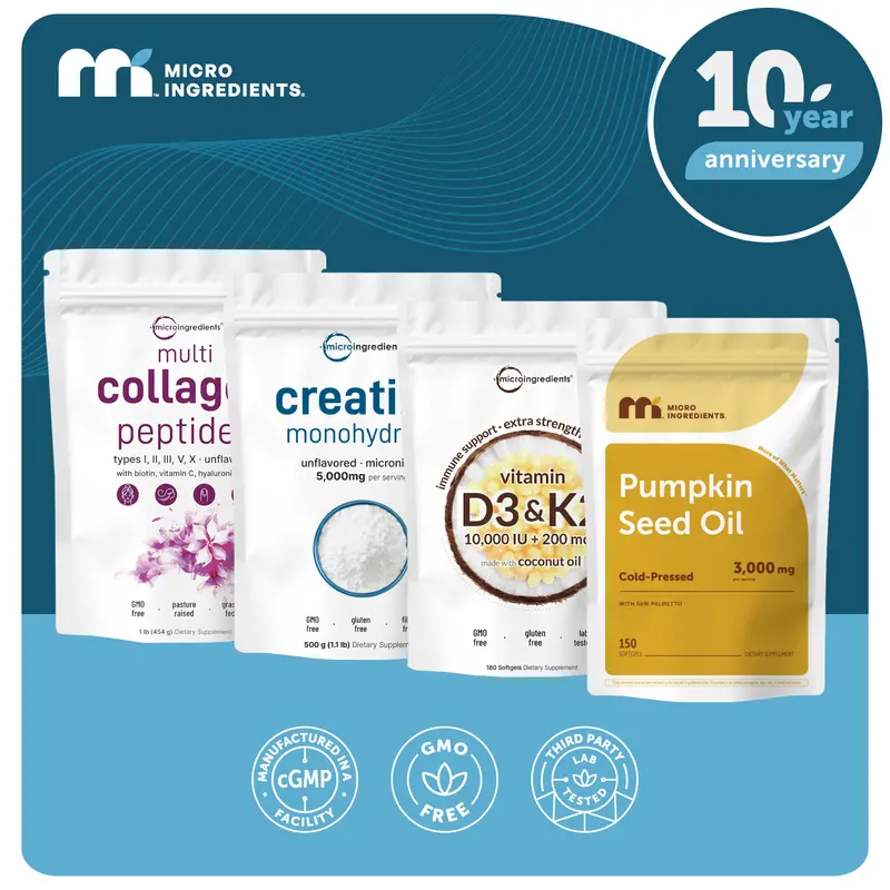 Micro Ingredients Hair & Muscle Nourish Bundle: Multi Collagen Peptides Powder 1LB, Creatine Powder 1.1LB, Vitamin D3K2 10,000IU 180 Softgels & Pumpkin Seed Oil 150 Softgels
