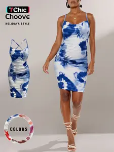 Women's Tie Dye Print Criss Cross Backless Spaghetti Strap Cami Dress, Elegant Chic Ruched Sleeveless Tie Back Bodycon Milkmaid Dress for Summer Beach, Ladies Clothes for Holiday Vacation Dating