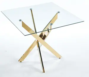 【GOOGREAT】Dining Table with cross metal leg and tempered glass,Modern Space Saving Kitchen Table for Living Room,chrome legs,Square table,golden legs,90x90x75cm