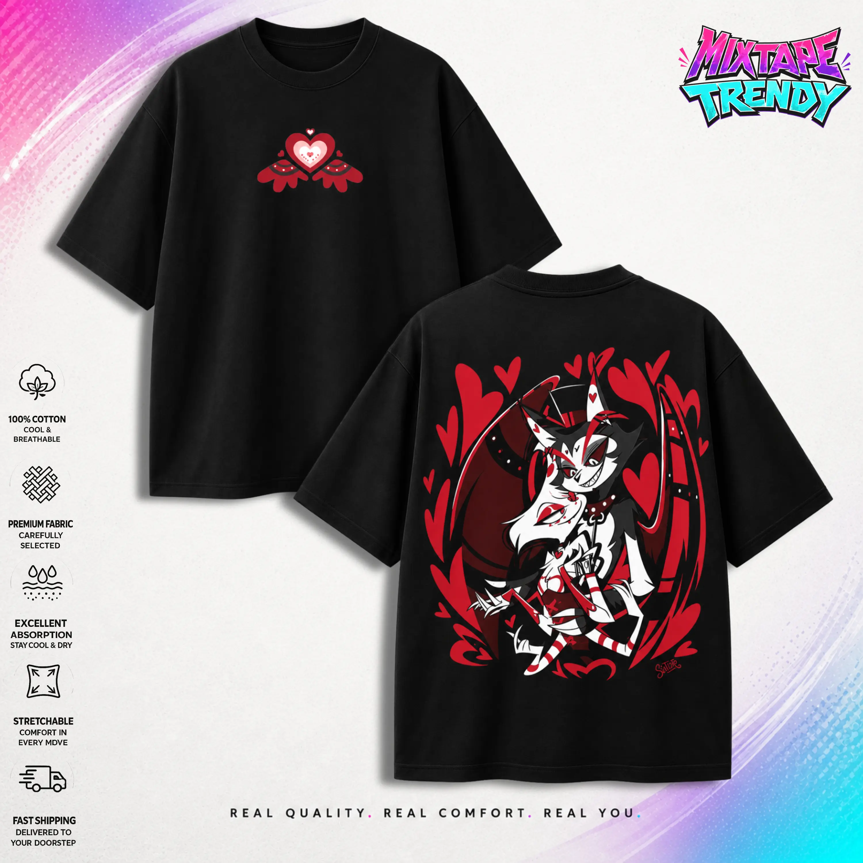 Angel and Husk Hazbin Hotel T-Shirt, Vintage TV Show and Comic Graphic Tees - Y2K Premium Cotton Top Trendy Gift for Fans Made in US