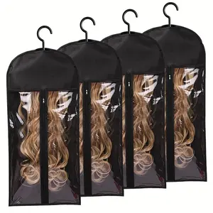 4 PCS Wig Storage Bags with Hanger – Transparent Zipper Dustproof Wig & Hair Extension Holder,Wig Organizer for Multiple Wigs,Salon &Home Accessories Black Protection Cover Safety