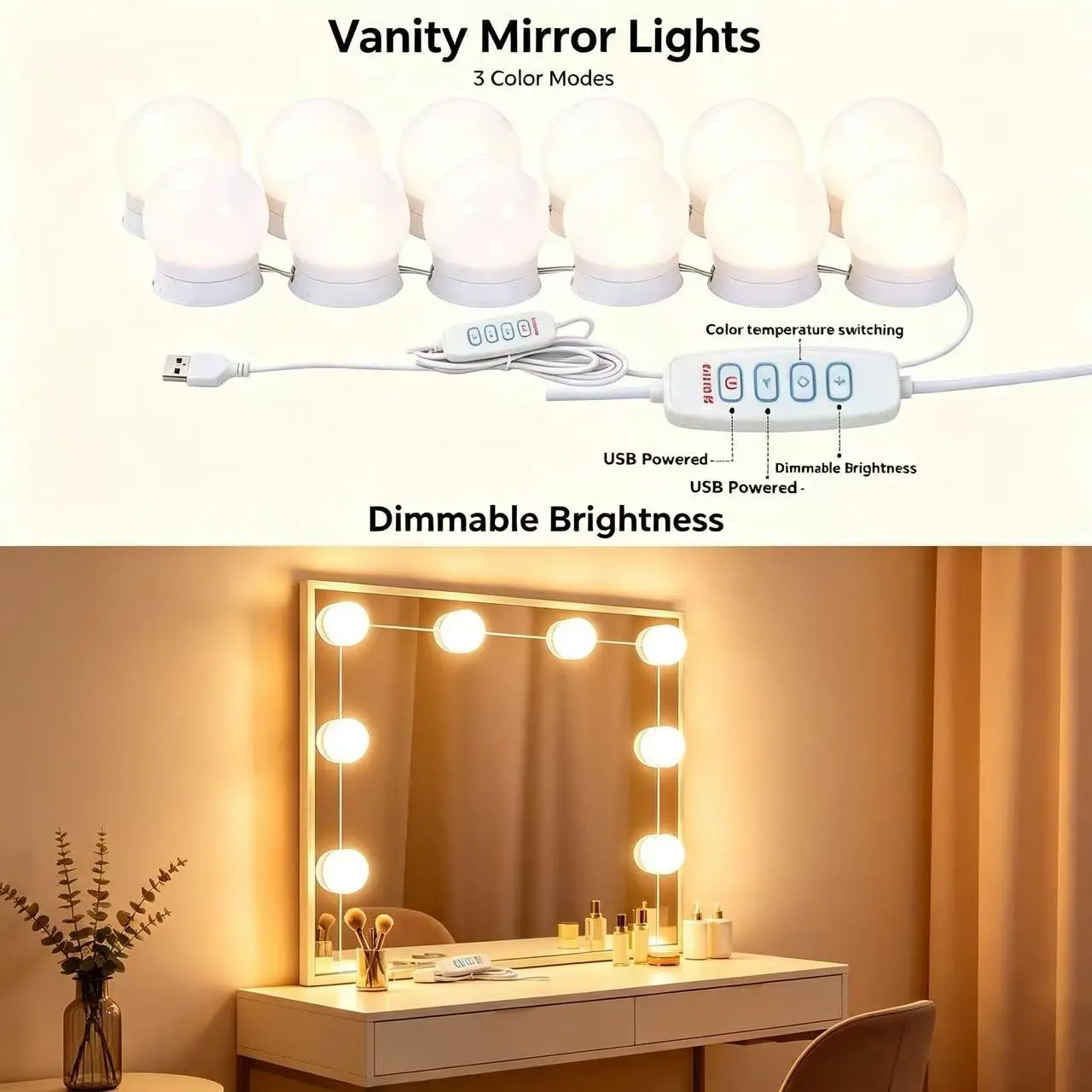 Hollywood Style LED Vanity Mirror Lights, 10 Dimmable Bulbs with 3 Color Lighting, Adjustable Brightness, USB Powered Makeup Mirror Light Kit, Stick On Mirror Lights for Bedroom, Makeup Table, Room Decor