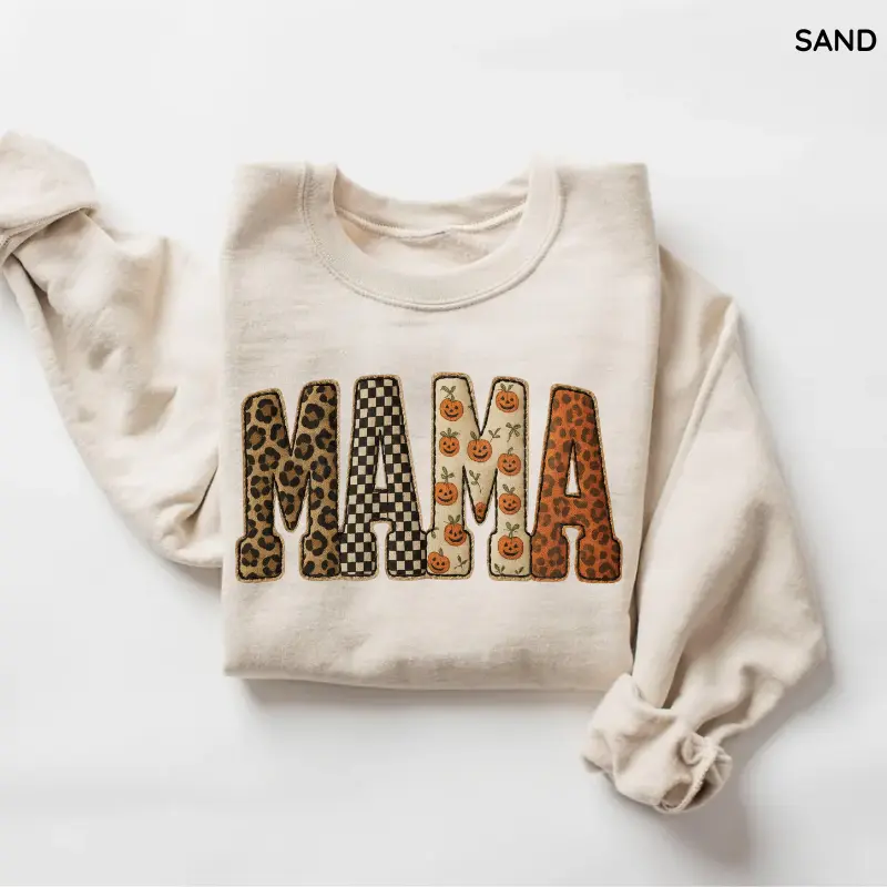 Fall Mama Sweatshirt, Halloween Patchwork Letters Clipart, Pumpkin Leopard Checkered Sweatshirt, Cozy Autumn, Women's Long Sleeve Sweater