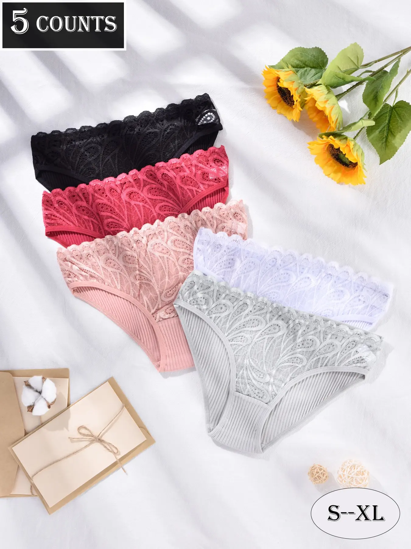 Dorsu 5-Pack Summer Sexy Lace Women's Briefs, Feather Pattern Design, Soft Breathable Fabric, Comfortable Daily Wear, All Seasons