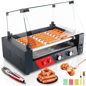 Commercial Hot Dog Rollers, 7 Rollers 18-24 Hot Dogs Capacity, 1000W Stainless Steel Hot Dog Griller with Dual Controls, Glass Cover, Removable Tray for Commercial and Party