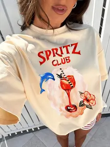 Women's Dolphin Spritz Club Graphic Tee, Casual Round Neck Short Sleeve T-Shirt, Summer Vacation Wear, Plus Size Comfortable Knit Top