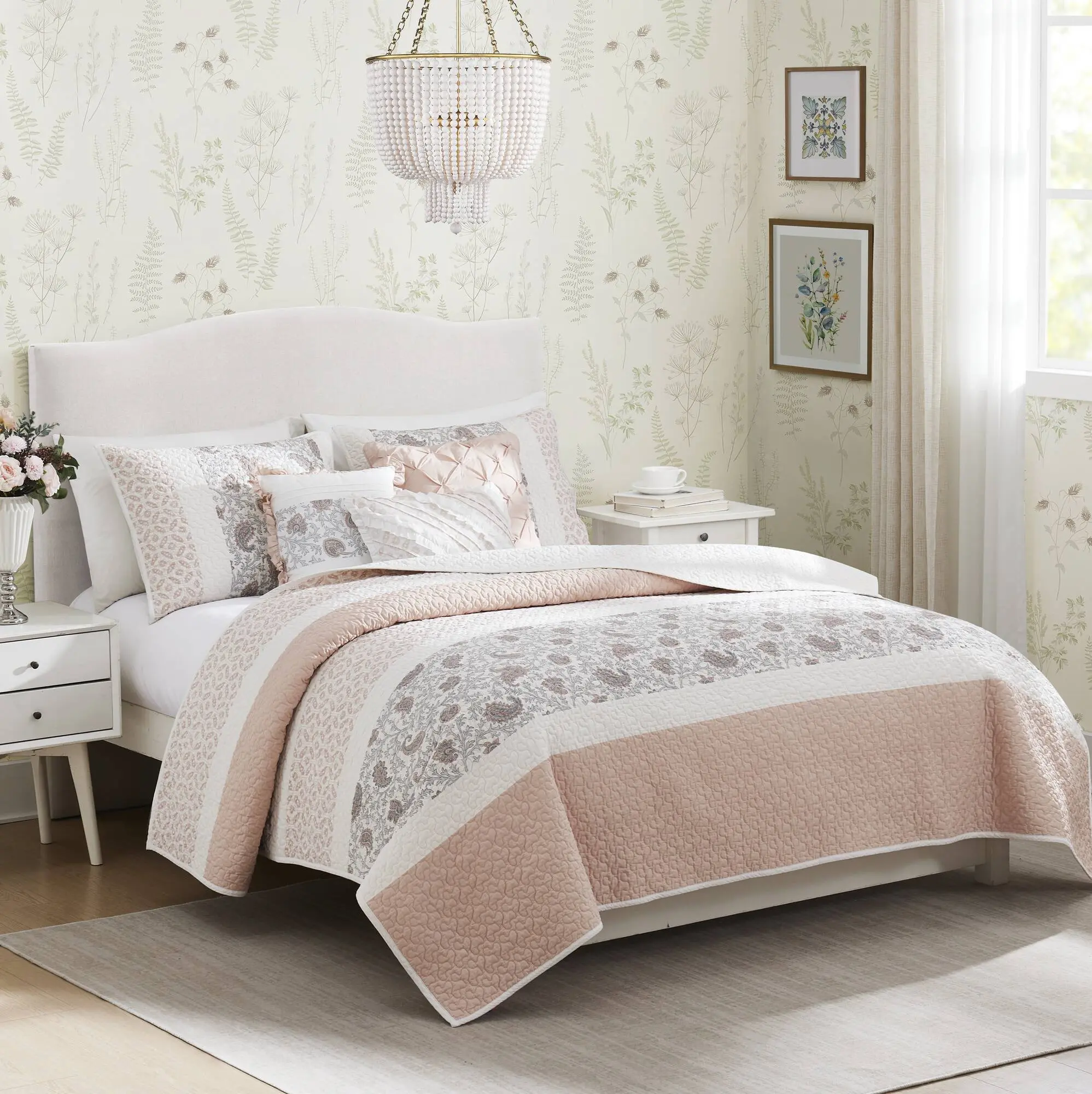 Cotton Percale Quilt Set, 6-Piece with Throw Pillows, Blush, King/Cal King – Lightweight, Breathable Bedding for All Seasons