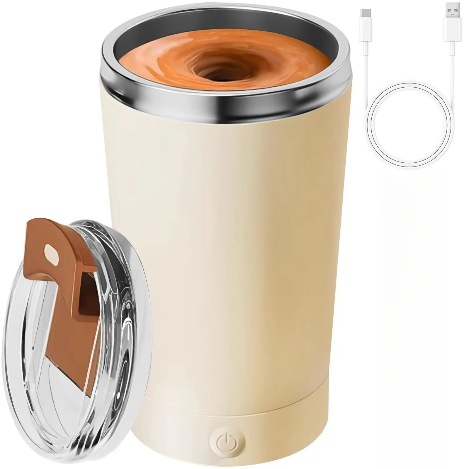 Automatic Self Stirring Mug With Lid 400ML Rechargeable Stainless Steel Coffee Mixer Cup Detachable Base Beige Drinkware Tumbler Reusable Washable Reu