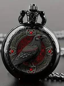 Gothic Design Black Raven Pocket Watch With Necklace Alloy Case & Band,Quartz Movement, Non-Waterproof Fashionable Analog Watch for Men Women Kids, Vintage Quartz Watch