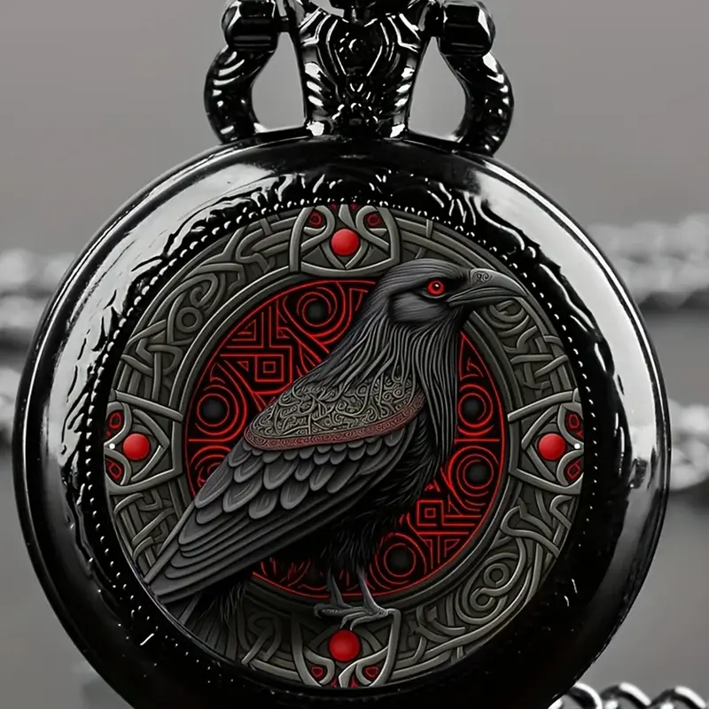 Gothic Design Black Raven Pocket Watch With Necklace Alloy Case & Band, Classic Quartz Watch, Quartz Movement, Non-Waterproof Fashionable Analog Watch for Men Women Kids, Vintage Quartz Watch, Analogue Quartz Watch, Fashion Watches
