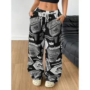 Alphabet Print Wide Leg Polyester & Spandex Blend Y2K Women's Athletic Sweatpants with Pockets for All-Season Casual Wear
