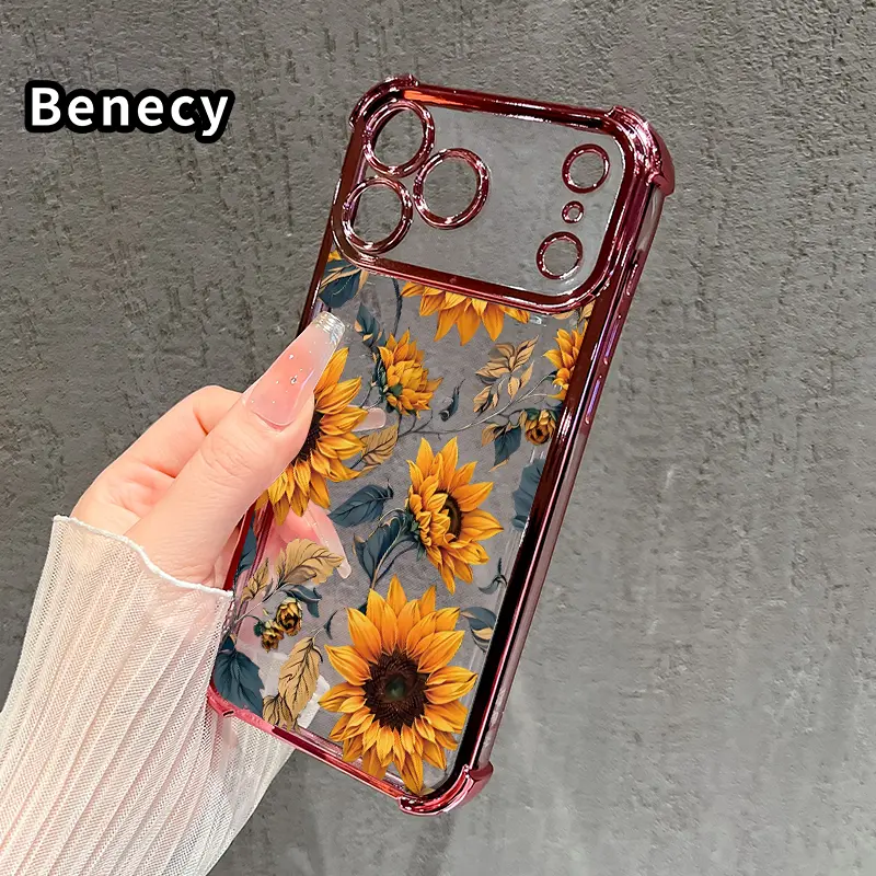 Four Corner Anti-Fall Sunflower Symphony Pattern Phone Case for iPhone 17 16 Pro Max 15 Plus 14 13 12 11 E Air Shockproof Transparent Electroplated Protective Cover
