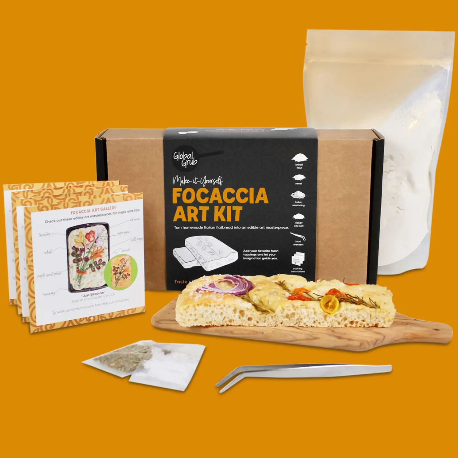 Global Grub DIY Focaccia Art Kit with Bread Flour, Seasonings, Flakey Salt, Food Tweezers, Instructions (add your own favorite fresh toppings)
