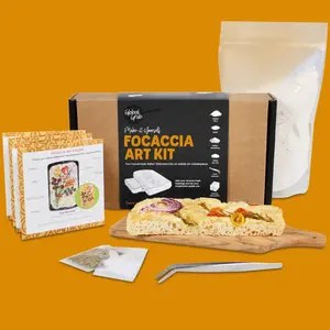 Global Grub DIY Focaccia Art Kit with Bread Flour, Seasonings, Flakey Salt, Food Tweezers, Instructions (add your own favorite fresh toppings)