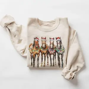 Retro Santa Hat Horses Christmas Sweatshirt for Equestrian Lovers - 90s Boho Unisex Cotton Sweater with Christmas Lights, Apparel Made In The USA	