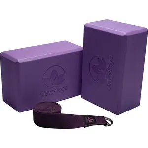 Clever Yoga Blocks 2 Pack with Strap - Extra Light Weight Sweat Repelling Foam Yoga Block Set with Cotton 8Ft Yoga Stretch Strap - Yoga Block and Strap Set Kit for Beginner to Pro - Exercise Accessories for Stretching, Balance and Strength Clever Yoga