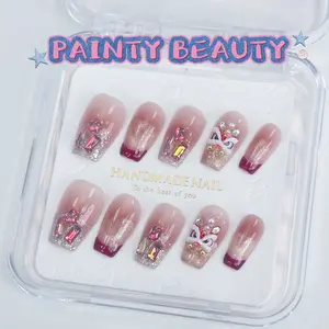 【A111】  Square shape french style Cat's Eye Chinese Style Lion Dance handmade press on nails