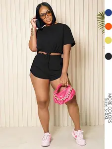 USBOUTIQUE CHIC Women's 2026 Spring Two Piece Set Short Sleeve Top & Drawstring Shorts Casual Loungewear Matching Outfit Pajamas