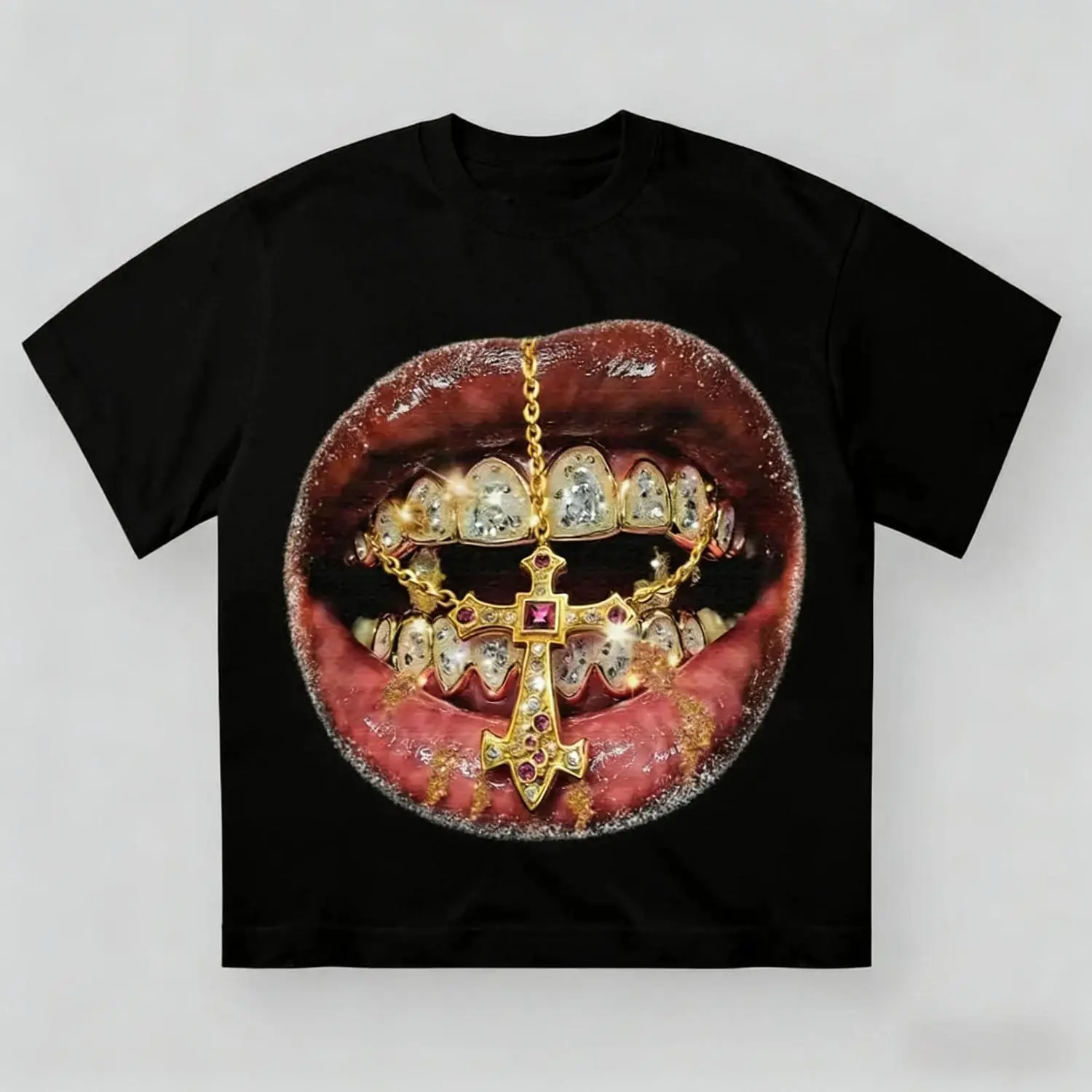 Premium Golden Cross Diamond Patch Grills Print Y2K Unisex Cotton Crewneck Short Sleeve Casual Streetwear T-Shirt