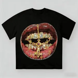 Premium Golden Cross Diamond Patch Grills Print Y2K Unisex Cotton Crewneck Short Sleeve Casual Streetwear T-Shirt