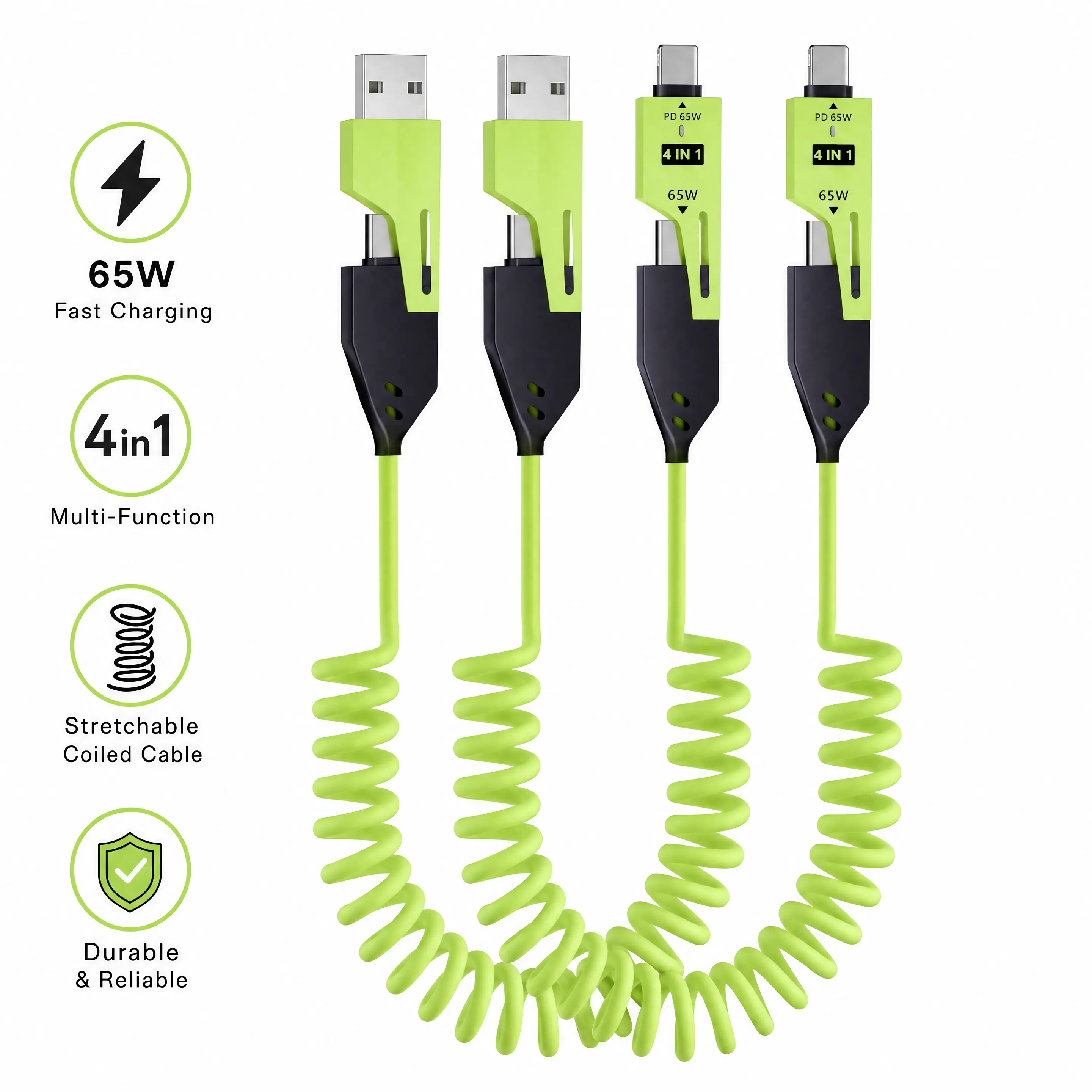 Buy 1 Get 1 Free! Green 4-in-1 Retractable Coiled USB-C PD Fast Charging Cable (1.2M/4FT) - High-Speed Multi-Device Cord Compatible with iPhone, Samsung, Tablets, Laptops for Home, Travel Use