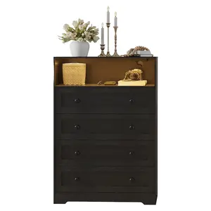 4-Drawer Tall White Dresser with LED & Charging Station, Wood Nightstand for Bedroom Closet Living Room Hallway