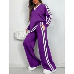 Women's Plus Size 2-Piece Oversized V-Neck Long Sleeve Top and Pants Set - Lady's Minimalist Basic Clothes with Solid Fabric, Piping, Slit Hem, Loose-Fit, Casual to Formal Outfit, All-Season Suitable