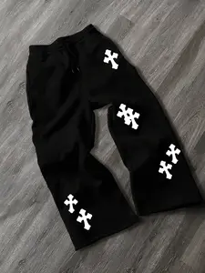 Men's Street Style Fitted Jogger Pants, Cross Graffiti Geometric Pattern, Thick Fabric, High Waist, All Seasons Wear