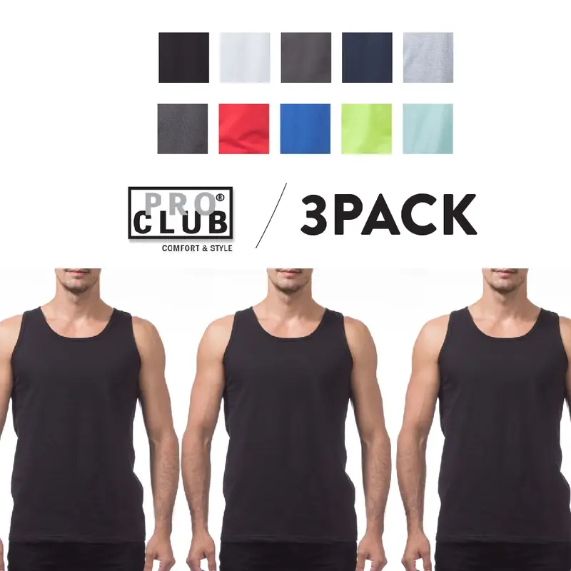 3 Pack PROCLUB Men's Comfort Tank Top PRO CLUB Lightweight Tanktop Sleeveless Shirt Soft Athletic Gym Shirts Summer Beach Party Indoor Outdoor Plain (S to 5XL)