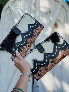 Business in Boots Oversized Black and White Cowhide Wallet | Western Tooled Leather Checkbook Wallet