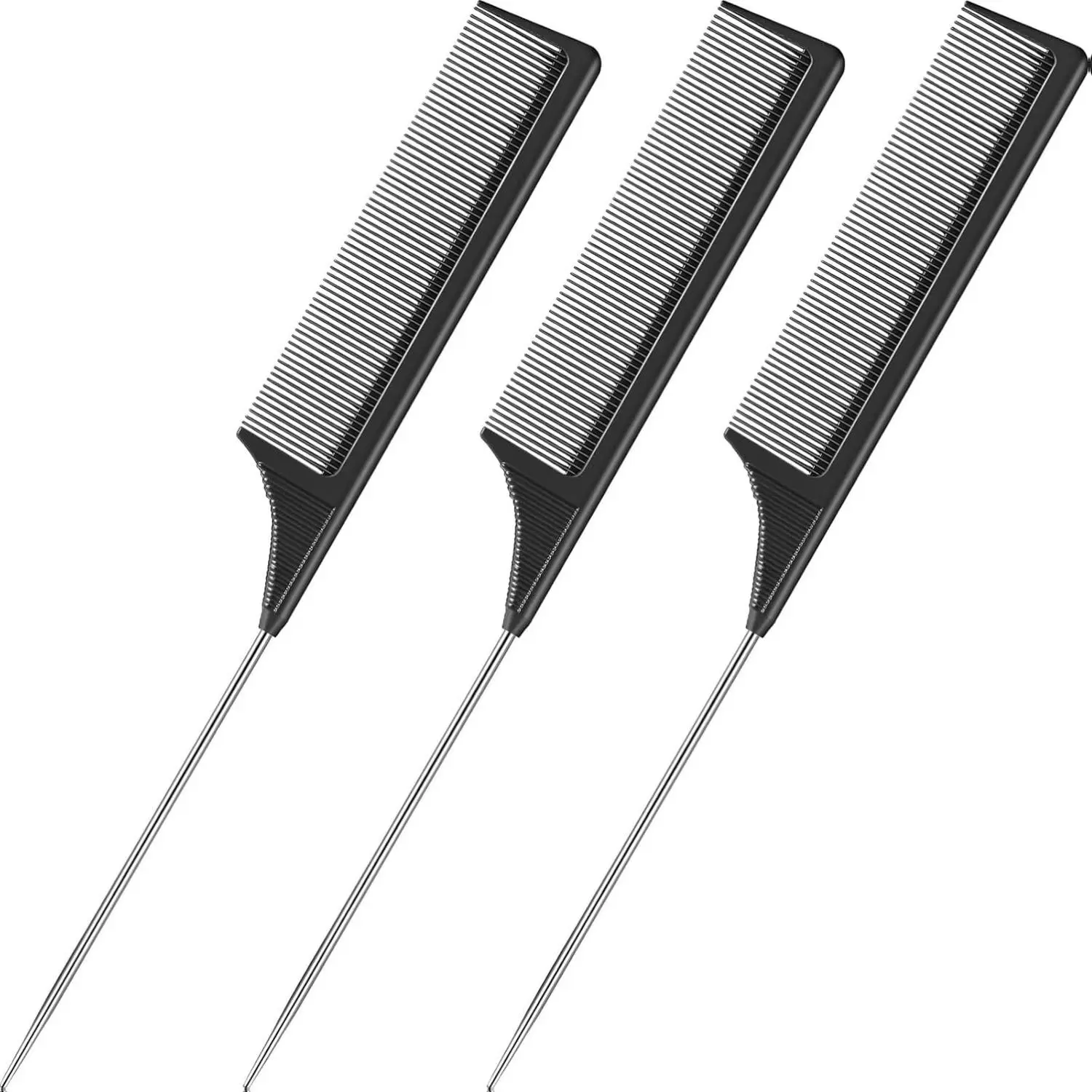 3 Packs Rat Tail Comb Steel Pin Carbon Fiber Heat Resistant Teasing Combs with Stainless Steel Pintail Black Anti-Static Lightweight Durable Hair Styling Tool