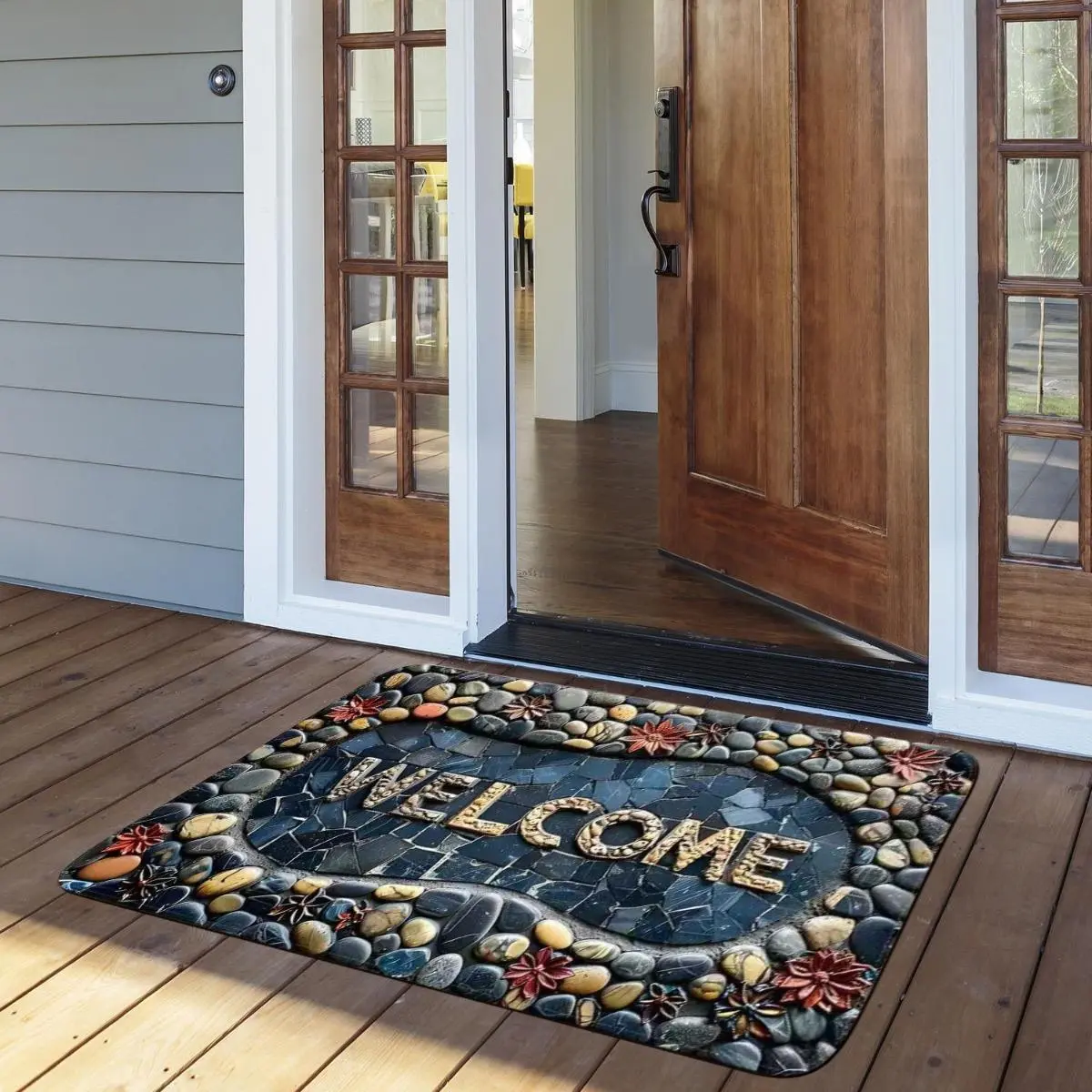 Cobblestone "Welcome" Doormat - Water Absorbent Diatomaceous Earth Material, Non-Slip Rubber Backing, Machine Washable, Suitable for Kitchen and Home Entrance, Available in Various Sizes