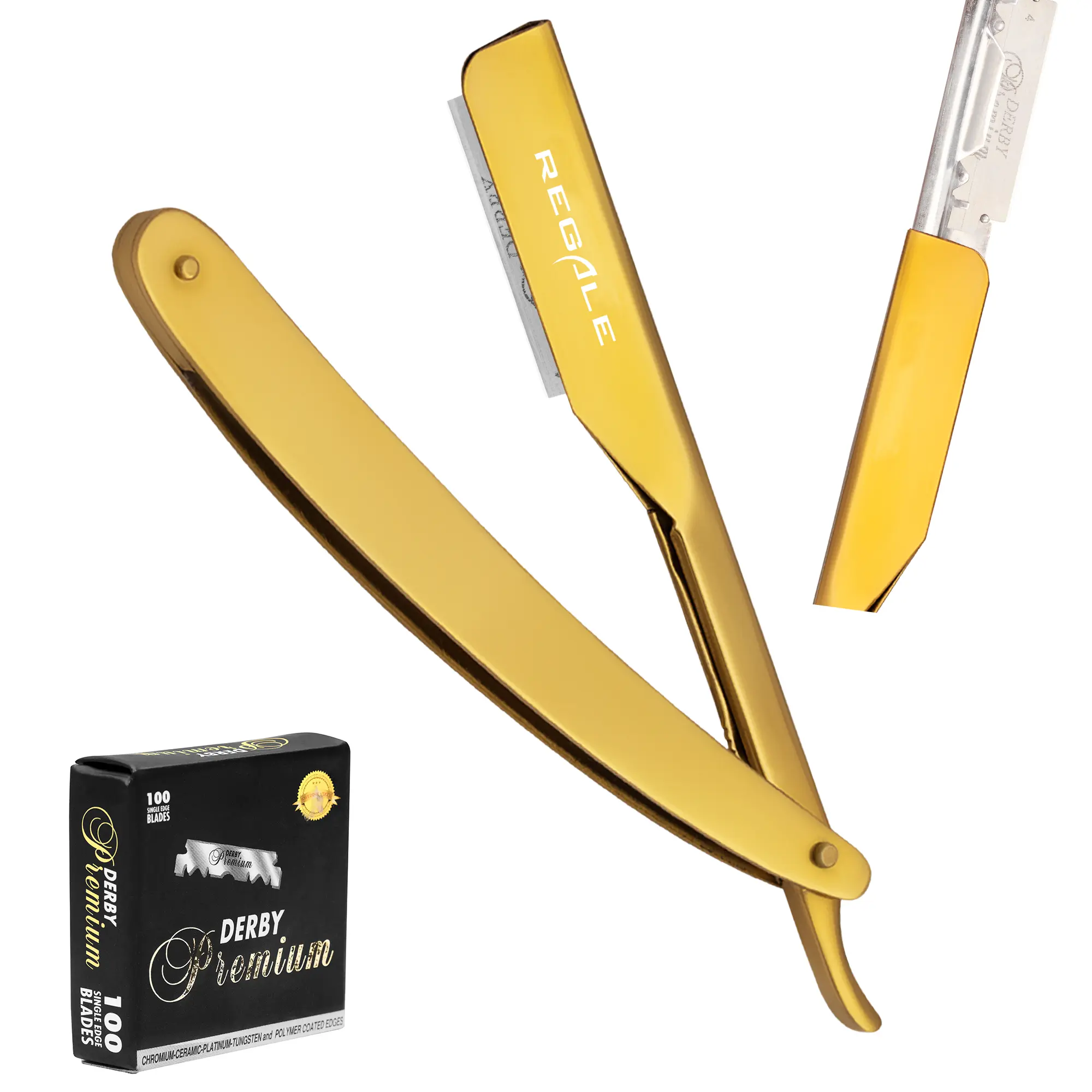 Regale Gold Razor For Professional Barbering, Handle, Traditional, Shaving Accessories, Stainless Steel, Straight Razor, One Blade