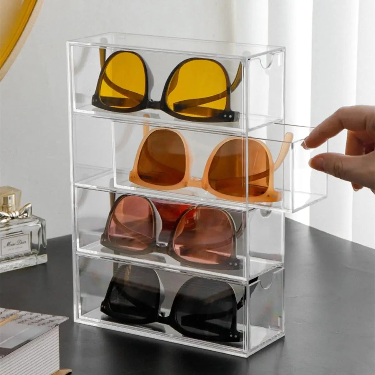 Sunglasses Organizer & Eyeglass Storage Box, 4 Tier Clear Acrylic Stackable Makeup Cosmetic Display Case with Drawers for Vanity Desk Countertop Home Organization