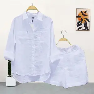 2026 Summer Women's Fashion White Linen Casual Two-Piece Set - Long Sleeve Shirt & Shorts Combo, Perfect for Home, Beach, or Outings - Stylish and Comfortable Outfit for Every Occasion