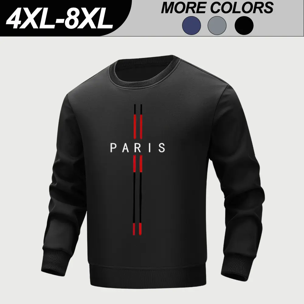 【4XL 8XL】1 pack men’s plus size classic crewneck printed long sleeve sweatshirt with ribbed elastic cuffs, solid color versatile athletic sweatshirt, suitable for daily commuting, home leisure, and fitness activities