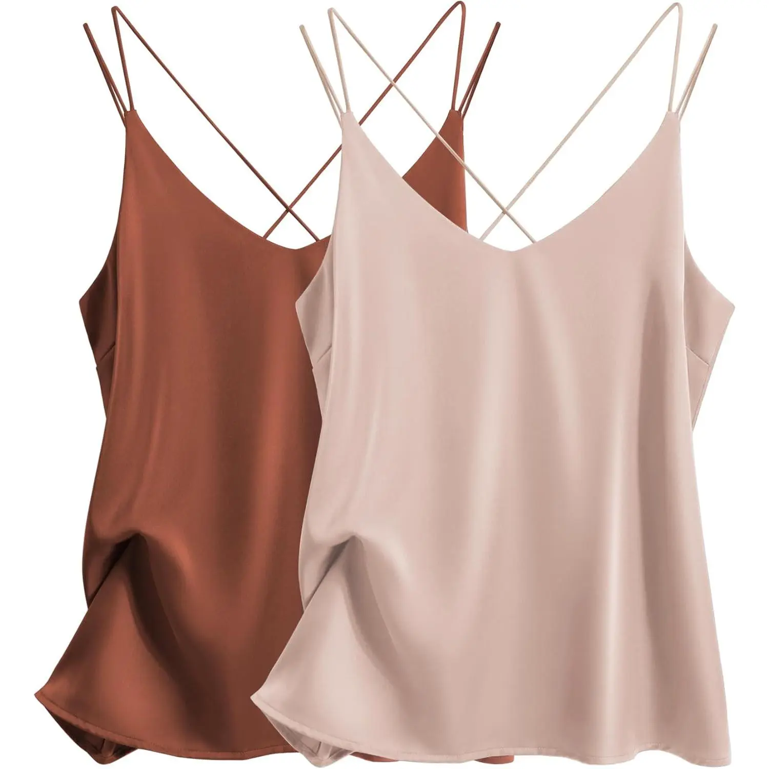 Women's Boho Spaghetti Strap Silk Satin Camisole Tank Top - Casual Breathable Sleeveless, V-Neck, Cross Back, Fitted Minimalist Basic Army Green Womenswear Top, Lady, Clothes, Super Silky Women's Tanks & Camis, Chic, Lightweight