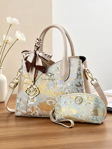 2-piece set high-end embroidered women's handbags, large-capacity women's shoulder bags decorated with silk scarves, versatile essential single-shoulder bags suitable for various occasions, ideal birthday gifts for mothers and elders